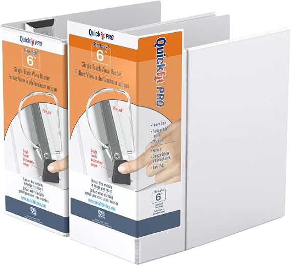 QuickFit PRO Heavy Duty Single Touch View Binder, D Ring, White, 2 Pack, 6 Inch