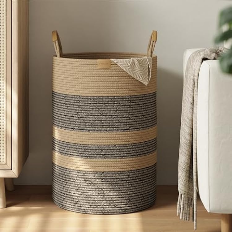 Nunsino 95L Striped Laundry Hamper with Leather Handles,Large Foldable Laundry Basket for Clothes,Cotton Rope Storage Bin for Blankets,Woven Clothes Basket for Bedroom,Dark Brown Stripes