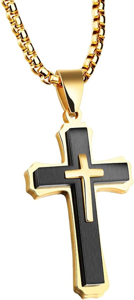 Cross for Car Rearview Mirror Hanging Pendant Accessories Cross Charm for Car Decor Christian Jesus Stainless Steel Cross Necklace For Men Amulet Jewelry Religious Gift (Black)