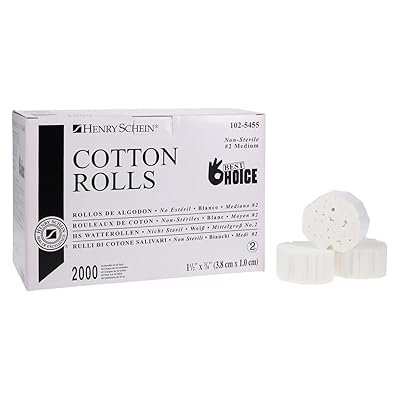 Henry Schein Size 2 Medium Cotton Rolls 1.5 Length, 0.375 Diameter, 2000Box Non-Sterile, White, Latex-Free Ideal for Dental and Medical Use