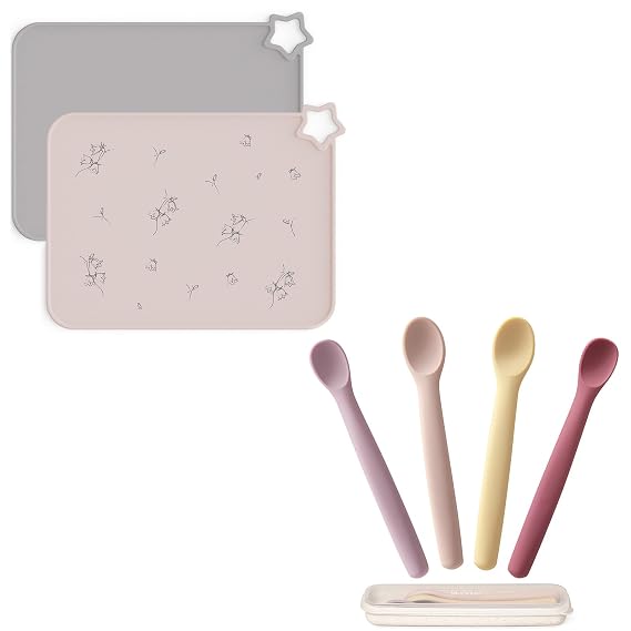 Moonkie Baby Mealtime Essentials Bundle | Silicone Placemats & Baby Spoons Set | Non-Slip Stain-Resistant Food Mats (2 Pack) & 4 Bendable First Stage Feeding Spoons with Case | BPA-Free, Chewproof & P