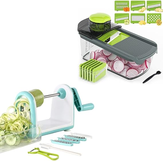 Ourokhome Zucchini Noodle Maker Spaghetti Spiralizer - 5 Blades Vegetable Slicer for Veggie Noodles and Curly Chips, Mandolin Vegetable Slicer, Multifunctional Veggie Slicer Shredder with Container