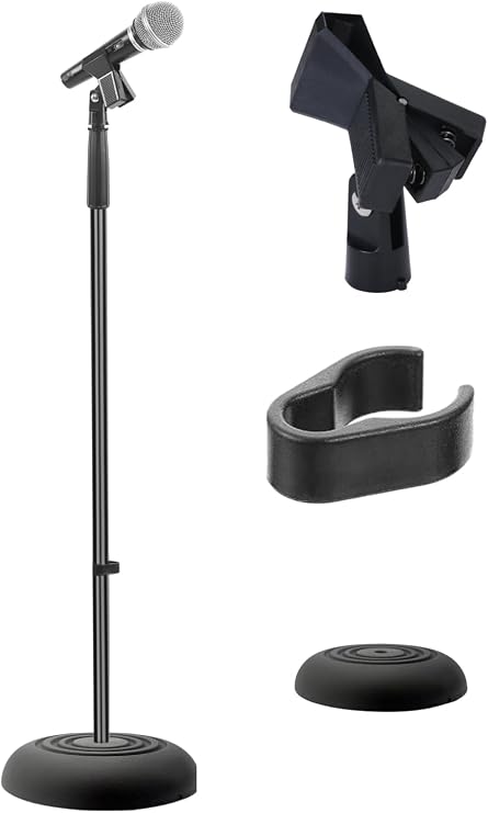 Pyle Adjustable Height Microphone Stand, 36.2" - 63.7 Inches Universal Mic Holder, Compact Design, Sturdy and Lightweight, Ideal for Studio and Concerts, With Mic Clip, Rubber Base (Black)