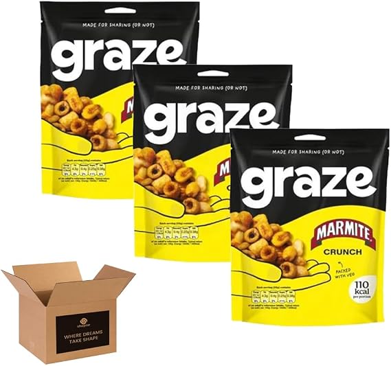 Graze Marmite Crunch 110Kcal 100g - Pack of 3 | Vegan Savoury 30% less fat Snacks, High in Protein & Fibre | Crunchy British, Bold Umami Lunchbox Flavour (Graze Marmite Crunch 100g x 3Pack)