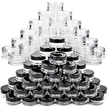 Youngever 140 Pcs Empty Plastic Cosmetic Samples Containers, 80 Pack 5G Plastic Jars With Lids (40 White,40 Black), 60 Pack 3G Cosmetic Jars with Lids (30 White,30 Black), 5 Mini Spatulas and Labels