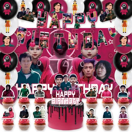 42Pack Squid Game Party Supplies Pack Includes,Banner,Cake Topper,Blackdrop,Balloons for Squid party Decoration plates
