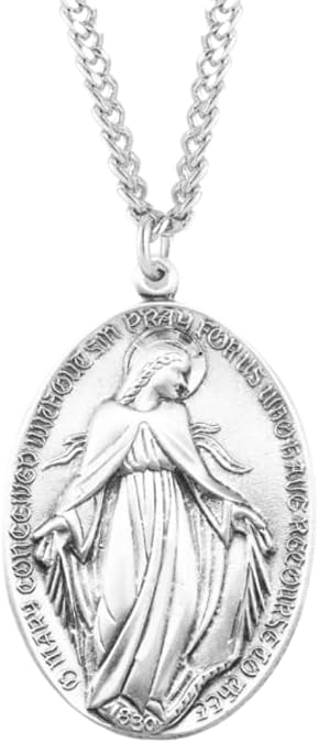 Sterling Silver Large Oval "Art Deco" Style Miraculous Medal, Blessed Mother Mary with Rays and Serpent, 27 Inch Rhodium Plated Stainless Steel Chain Necklace, Gift Box Included