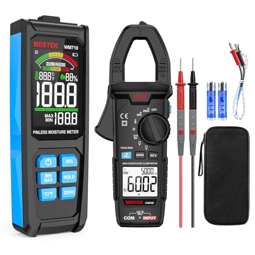MESTEK Digital Clamp Meter Multimeter TRMS 6000 Counts Voltage Tester ACDC Current Amp Volt Meter & MESTEK Pinless Wood Moisture Meters for Drywall, Water Leak Detector