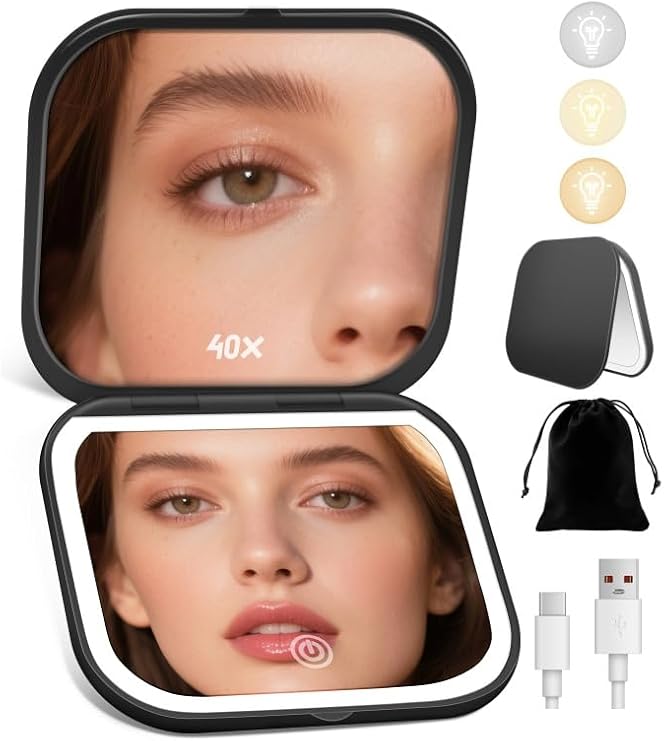 Magnifying Mirror with Light, Rechargeable Compact Makeup Mirror 40X Black