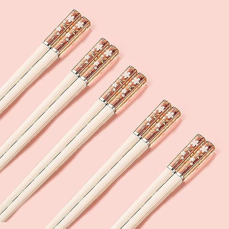 5 Pairs of Decorative Cherry Blossom Chopsticks - Amber, JapaneseKorean, Dishwasher Safe, Fiberglass, Lightweight Red