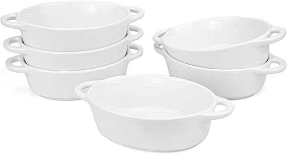 Foraineam 6-Pack Porcelain Ramekins, 10 Ounce Oval Ceramic Creme Brulee Souffle Baking Ramekin Dishes Bowl with Double Handles
