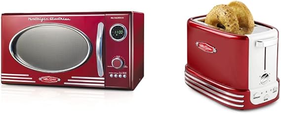 Nostalgia Retro Countertop Microwave Oven + Wide 2-Slice Toaster Bundle - Metallic Red | 800 Watts & 900 Watts