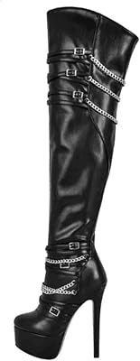 12cm Large Size Waterproof Platform Chain Womens Boots Fashion Round Toe Stiletto Over-The-Knee Boots
