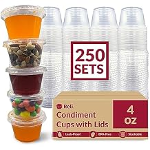 Reli. 4 oz Small Containers with Lids (250 Sets) | Jello Shot Cups with Lids | Clear Plastic Condiment Containers | Portion Cups, Sauce, Souffle | Stackable | Bulk