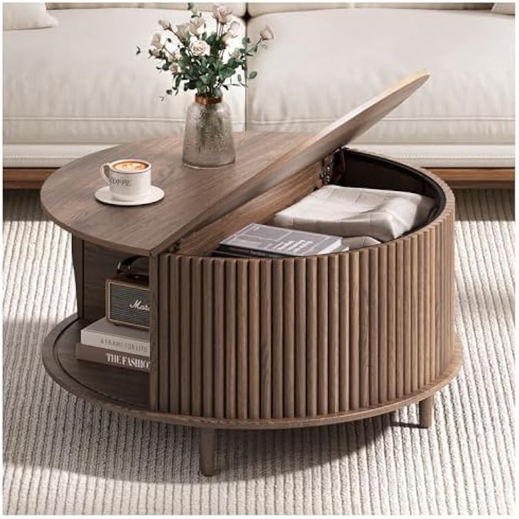 Round Coffee Table with Storage, 31.5 Mid Century Modern Coffee Table with Sliding Door & Solid Wood Legs, Minimalist Fluted Center Table for Living Room, Home Small Space, Walnut