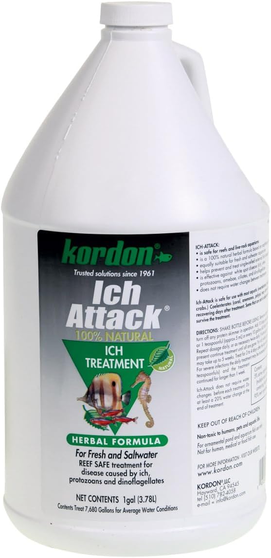 KORDON Ich-Attack Disease Inhibitor: Treats for Ich & External Fish Diseases, 100% Organic Herbal Treatment for Fresh & Saltwater, Safe for Invertebrates, Made in the USA, 1 gallon