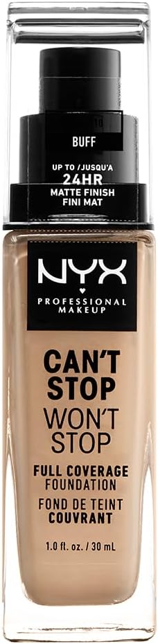NYX Professional Makeup Foundation Can't Stop Won't Stop Matte Shade: Buff | 24 Hour Full Coverage Lightweight Foundation, Long Lasting, Waterproof, Vegan Formula, Matte Finish