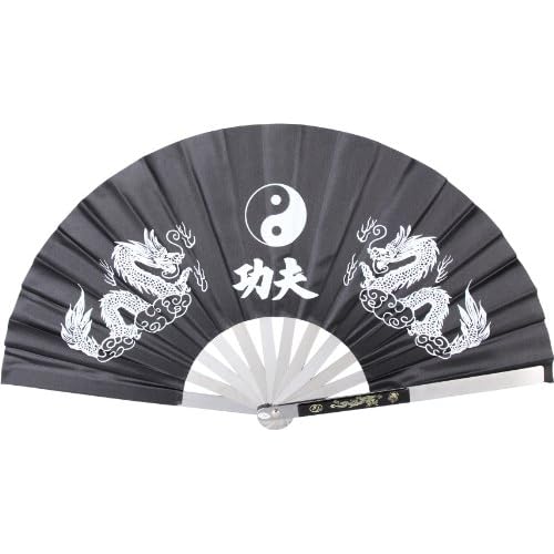 MASTER USA - Kung Fu Fighting Fan - Metal Frame, Black Nylon Fan with Dual Dragons, Ying Yang, Tai Chi Symbol - 2510-CBK - Martial Arts, Training, Cosplay, Display