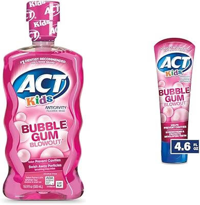 ACT Kids Anticavity Fluoride Rinse for Bad Breath Treatment, Bubble Gum Blowout, 16.9 fl. oz. & Kids Anticavity Fluoride Toothpaste 4.6 oz. Bubble Gum Blowout