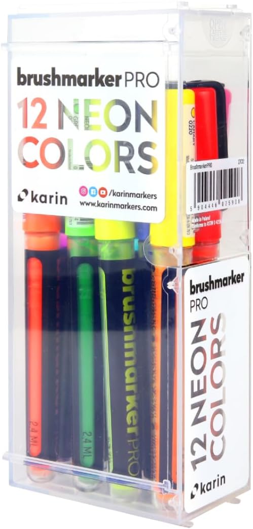 Karin Brushmarker Pro 12pc Neon brush tip markers Set, Blendable, Water-Based, Professional Grade Brush Markers for Adults and Artists, 12 Neon Colors, Adult Markers for Coloring Books and more