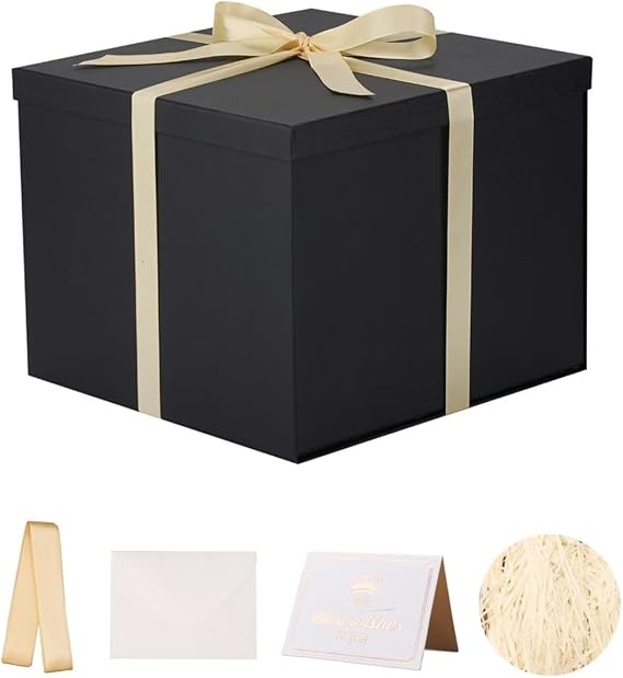 Large Gift Box with Lid 32x32x25 cm, Black Gift Boxes for presents Packaging for Birthdays, Valentine's Day, Christmas (Include Shredded Paper Fill, Envelope Card Ribbon)