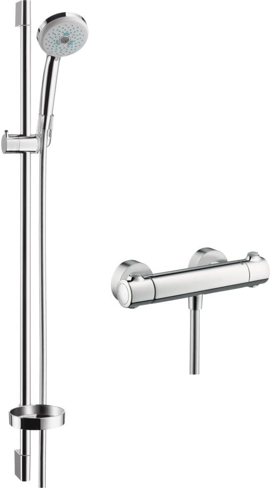 hansgrohe Croma 100 - shower set with thermost Ecostat Comfort, shower head, shower bar 90cm, shower hose 160cm and shower head holder, hand shower with 3 sprays, chrome, 27085000
