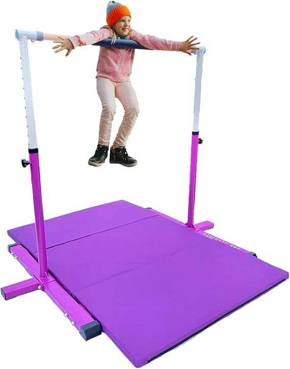 Professional Gymnastics Bar Kip Bar with 6'x4' Tumble Mat Set for Kids/Adults, 3 to 5 FT Adjustable Height Horizontal Bar, Junior Gymnast Gymnastic Bar Home Gym Expandable Asymmetric Bar Purple