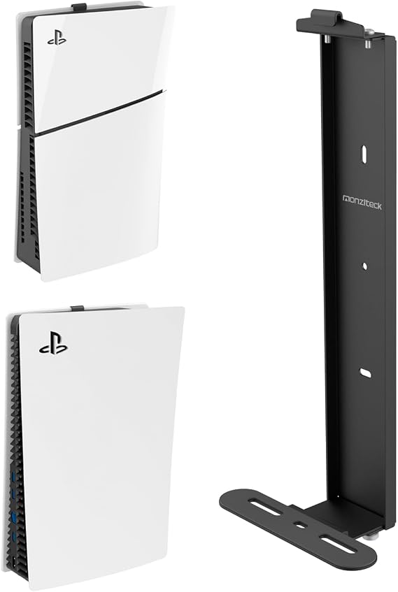 Monzlteck Wall Mount for PS5 Slim/PS5 Pro -Steel Mount Wall Holder Bracket for PS5 Original and PS5 Slim/Pro(Digital and Disc),Sturdy and Not Fall Off,+1Controller Holder