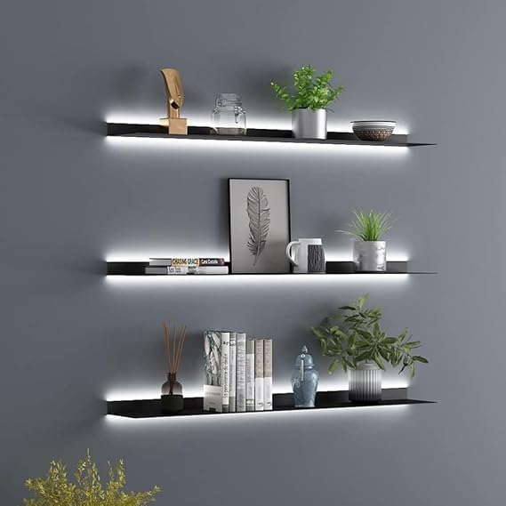 Metal Floating Display Shelf with Led Lights, Black, 60CM | Wall Mounted Floating Shelves, Modern Wall Hanging Creative Bookshelf Light-Emitting Shelves for Livingroom Bathroom