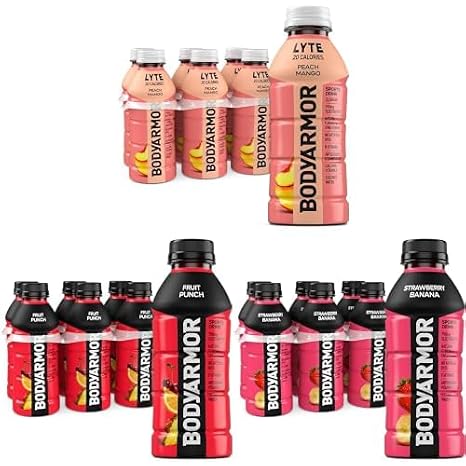Bundle of Three BODYARMOR 16oz 6pk Flavors: Lyte Peach Mango, Fruit Punch, and Strawberry Banana