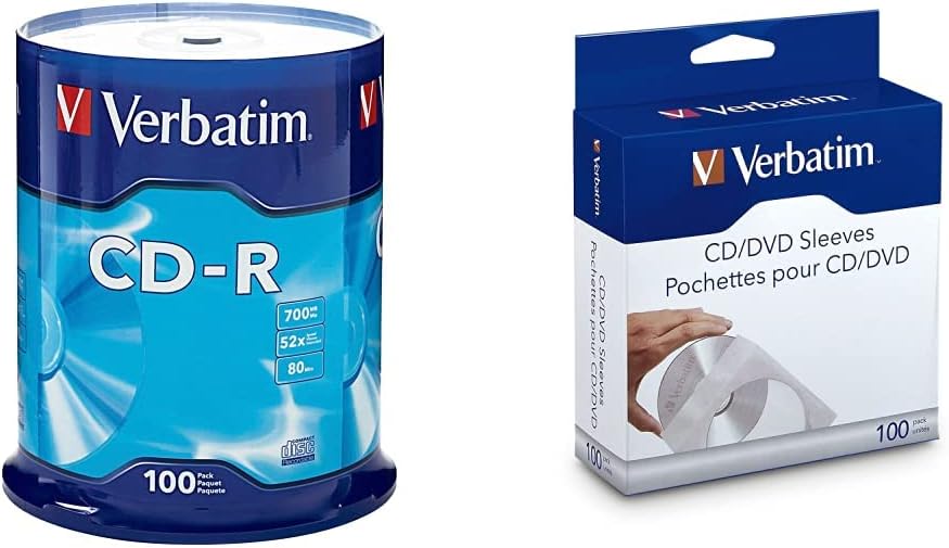 Verbatim CD-R Blank Discs 700MB 80 Minutes 52X Recordable Disc for Data and Music - 100pk Spindle,Silver and Verbatim CDDVD Paper Sleeves-with Clear Window 100pk