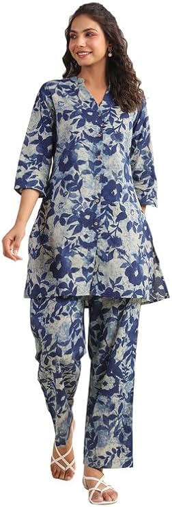 Janasya Indian Women's Cotton Indigo Floral Print Casual Wear Co-ord Set for Women