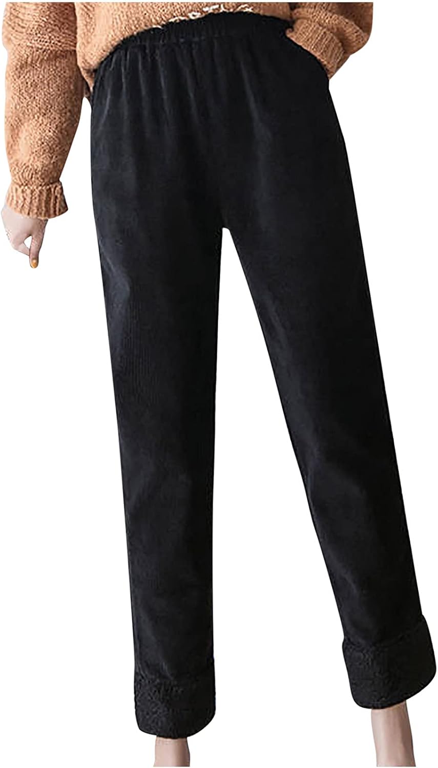 Fleece Lined Pants Women Casual Fashion Printed Solid Thermal Trousers Winter Cozy Warm Long Pants