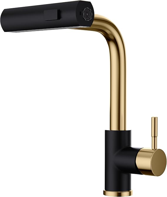 GIMILI Black and Gold Kitchen Faucet with Pull Down Sprayer Waterfall | Black and Gold Finish, Modern Single Handle, SUS 304 Steel, 3 Spray Modes, 360 Degree Swivel, Lead-Free