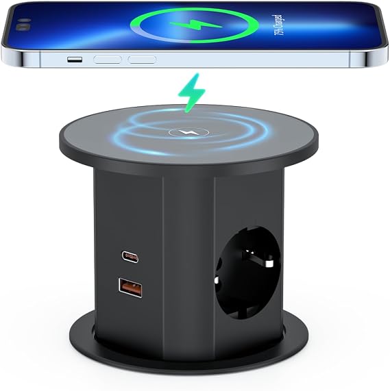 Retractable Socket 7-in-1 2 Schuko 2 x USB-C PD 20 W 2 x USB-A 18 W 15 W Wireless Charging Diameter 85 mm Built-in Socket for Desk and Worktop (Black)