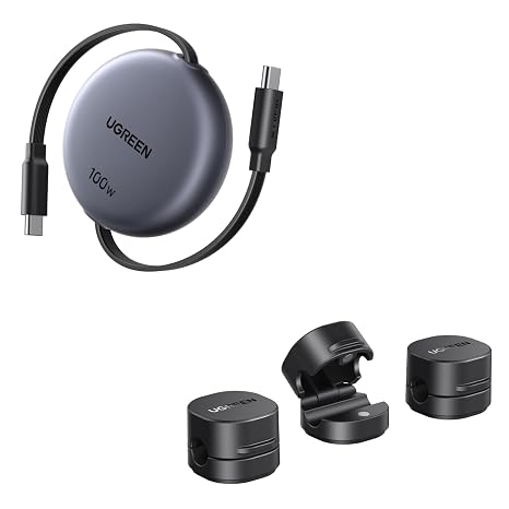 UGREEN 100w Retractable Fast Charging Cable (1M) and Cable Tidy Clips