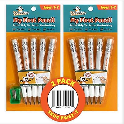 Channies My First Pencil, Easy-to-Hold Jumbo Pre Sharpened Pencils #2 for Preschoolers, Kindergarteners & 1st Graders, White Wooden 2B Fat Pencils for Kids Ages 3-7, Pack of 2 5 Each & Sharpener