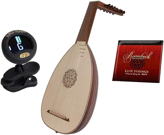 Includes: Roosebeck Solid Canadian Cedar 8-Course Lute W/Gig Bag & Play Book - Roosebeck 8-Course Lute String Set + Snark Clip-On Chromatic Tuner