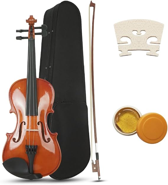 1/4 Acoustic Violin Set for Beginners with Case, Bow, Rosin Fiddle Solid Spruce Top & Maple Back/Sides 4-String Musical Instrument for Adults Starter Natural Color