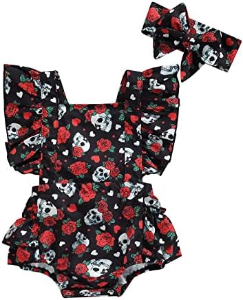GOOCHEER Infant Baby Girl Easter Clothes Tie Strap Bunny Floral Print Romper Dress Ruffle Bodysuit Jumpsuit with Headband