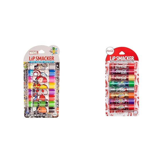 Lip Smacker Marvel Avenger Flavored Lip Balm Party Pack 8 Count and Coca-Cola Flavored Balm 8 Moisturizing Lip Balms Fun Assortment
