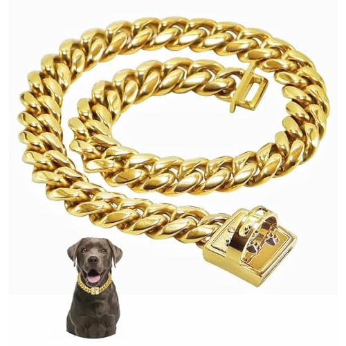 Gold Chain Dog Collars 15MM Stainless Steel Cuban Link Chain Collar with Secure Buckle Design, Metal Walking Training Collars, Chew Proof, Suitable for Small Medium Large Dogs Gold,12