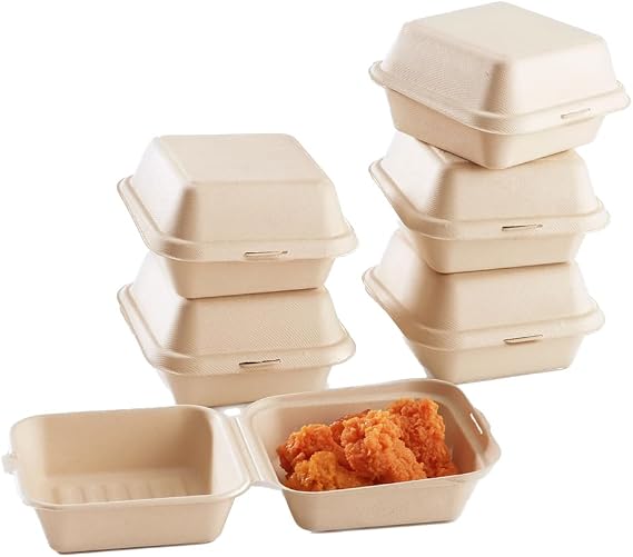 50 Pack Compostable Clamshell Take Out Containers, 6x6 Inch Disposable Food Containers To Go Boxes, Biodegradable Bagasse Bento Cake Box with Lids (Natural)