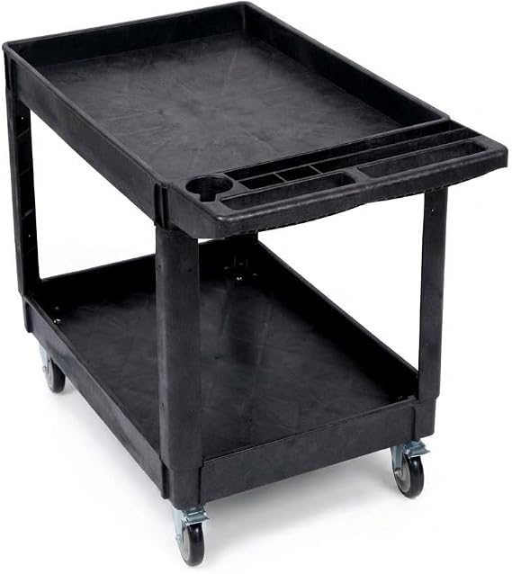 2 Tier Heavy Duty Service Cart, 550 LB Capacity, 32x18 in Small Plastic Rolling Utility Cart with Storage Handle & Lockable Wheels for Garage Warehouse Workshop