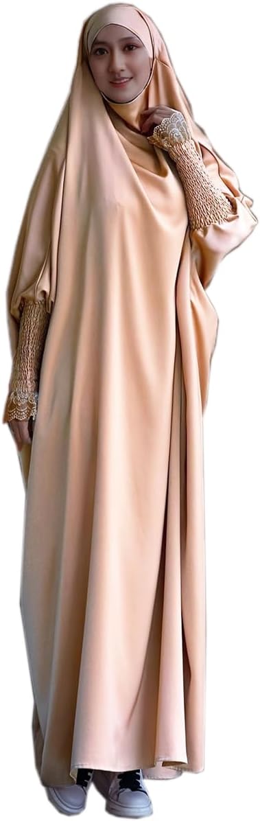 MedeShe Womens Solid Shirred Trim Hooded Kaftan Abayas Elegant Batwing Sleeve Loose Maxi Dress
