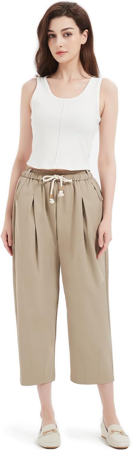 Womens Capri Pants Elastic Waist Drawstring Lightweight Summer Pants Relaxed Fit Cropped Pants with Pockets