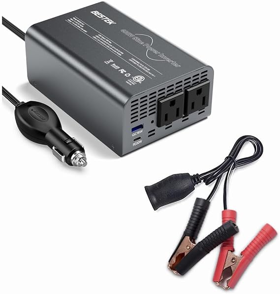 BESTEK 400W Pure Sine Wave Power Inverter and 12V 24V Extension Cord Plug Socket with Battery Clamp