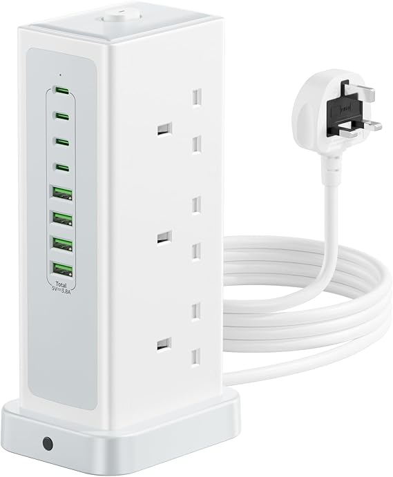 Tower Extension lead with USB Slots,6 Way (13A/3250W) Plug Extension Socket with 4 USB C & 4 USB A, Overload Protection Power Strip with Switch 1.8M Extension Cable for Office, Home, Kitchen