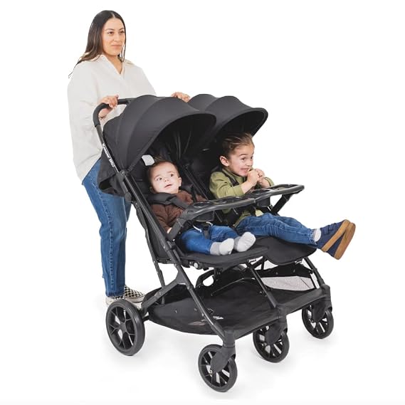 Joovy Kooper RS2 Lightweight Travel Double Stroller Featuring Dual Snack Trays, One-Handed Fold, Multi-Position Reclining Seats, Adjustable Leg Rests, and 2 Zippered Pockets for Storage | One-Handed Fold & Carry, Multi-Position Reclining Seats, Adjustable Leg Rests, Two Zippered Pockets for Storage