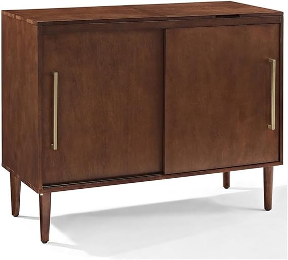 Allora Media Console Table, Mahogany Finish, 44" W x 18" D x 34.25" H, MDF and Solid Rubberwood, Sliding Doors with Record Storage, Mid-Century Modern Style, Hinged Turntable Top for Living Room